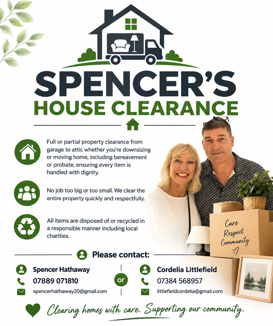 Spencer's House Clearance information sheet featuring Spencer Hathaway and Cordelia Littlefield, clearance services and contact details