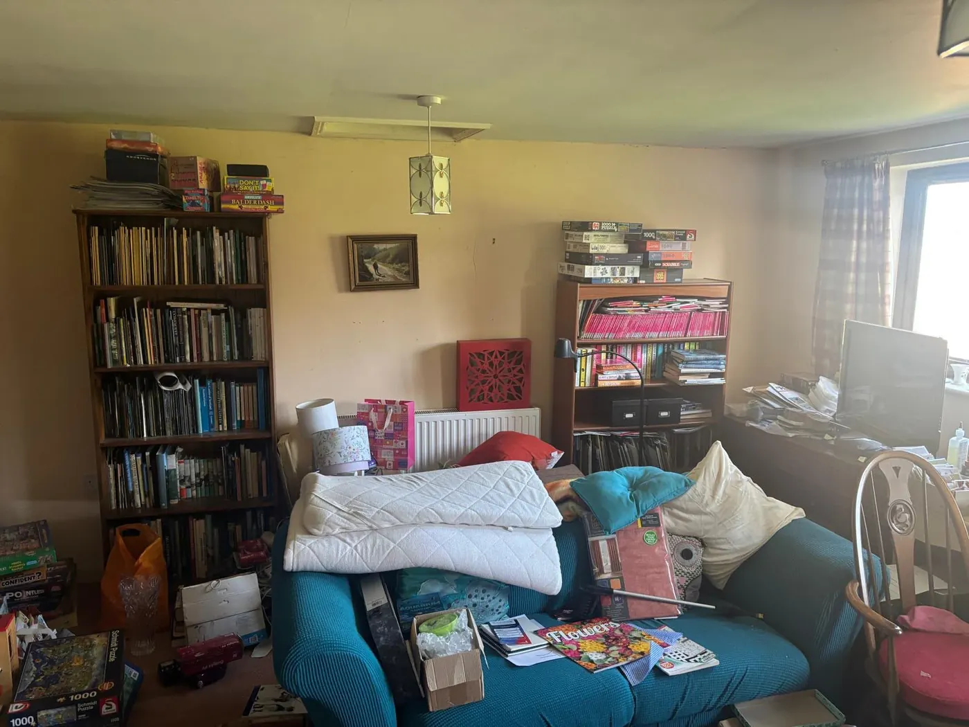 Living room with clutter across the sofa and shelving before a hoarding clearance